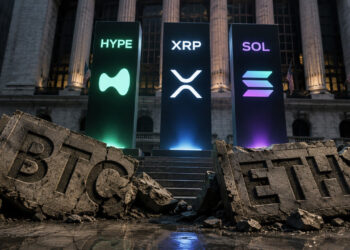 Broken Bitcoin and Ethereum ETF monuments beneath glowing HYPE, XRP, and Solana symbols illustrating investor rotation away from BTC and ETH funds into alternative crypto assets