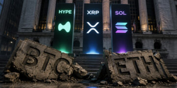 Broken Bitcoin and Ethereum ETF monuments beneath glowing HYPE, XRP, and Solana symbols illustrating investor rotation away from BTC and ETH funds into alternative crypto assets