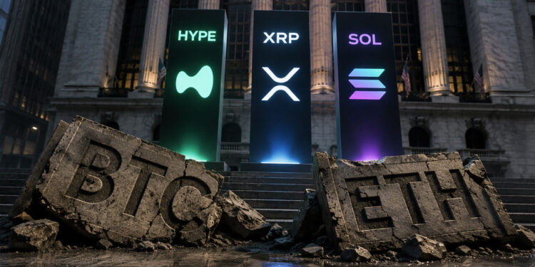 Broken Bitcoin and Ethereum ETF monuments beneath glowing HYPE, XRP, and Solana symbols illustrating investor rotation away from BTC and ETH funds into alternative crypto assets