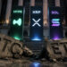 Broken Bitcoin and Ethereum ETF monuments beneath glowing HYPE, XRP, and Solana symbols illustrating investor rotation away from BTC and ETH funds into alternative crypto assets