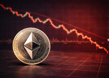 An Ethereum coin placed in front of a red downward cryptocurrency price chart showing a market decline.