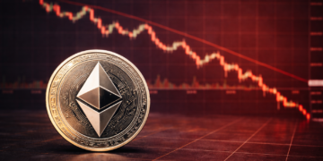 An Ethereum coin placed in front of a red downward cryptocurrency price chart showing a market decline.
