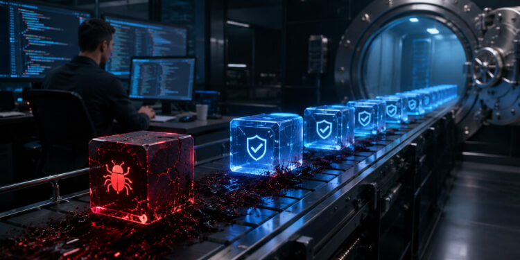 Red bug-filled code block moving through a secure vault pipeline, illustrating how the next DeFi exploit may emerge before smart contract deployment and security review.