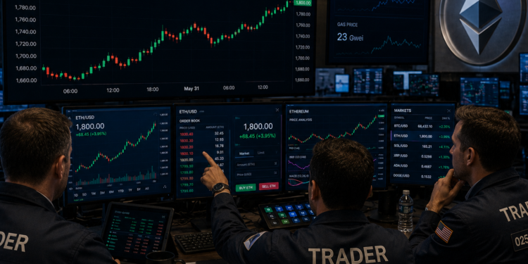 Traders analyzing a bullish ETH/USD chart