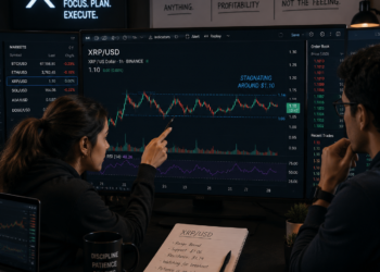 Traders analyzing XRP as it stays below $1.12