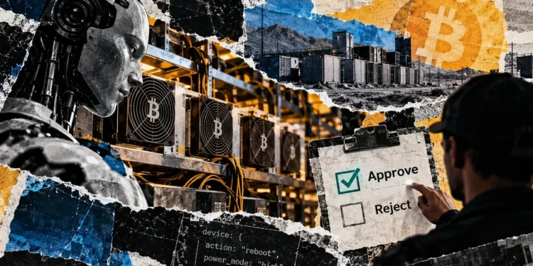 Editorial collage of an AI robot, Bitcoin mining rigs, and a human operator reviewing approval and rejection controls for equipment commands.