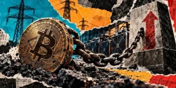 Bitcoin is chained to a heavy rising block beside mining rigs and power pylons, symbolizing tighter margins after a difficulty increase.