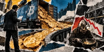 Editorial collage depicting a Bitcoin freight truck unloading valuable cargo as a mining worker receives comparatively few coins.