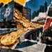 Editorial collage depicting a Bitcoin freight truck unloading valuable cargo as a mining worker receives comparatively few coins.
