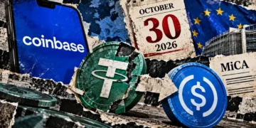 Editorial collage showing a cracked USDT symbol beside USDC, Coinbase branding, and the European stablecoin conversion deadline.