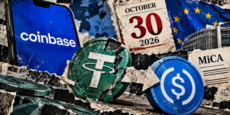 Editorial collage showing a cracked USDT symbol beside USDC, Coinbase branding, and the European stablecoin conversion deadline.