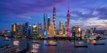 Editorial illustration of the Shanghai Pudong metropolitan financial skyline across the Huangpu River