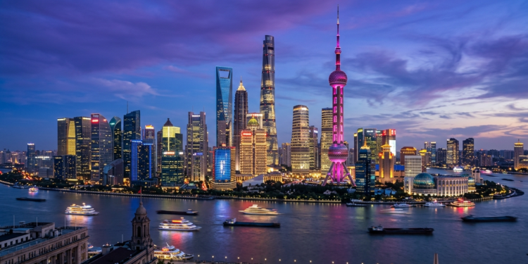 Editorial illustration of the Shanghai Pudong metropolitan financial skyline across the Huangpu River