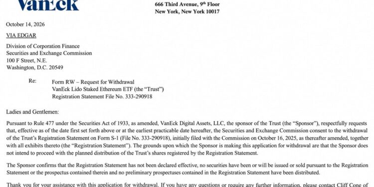 Vaneck Pulls the Plug on Its Lido Staked Ether ETF Before Launch